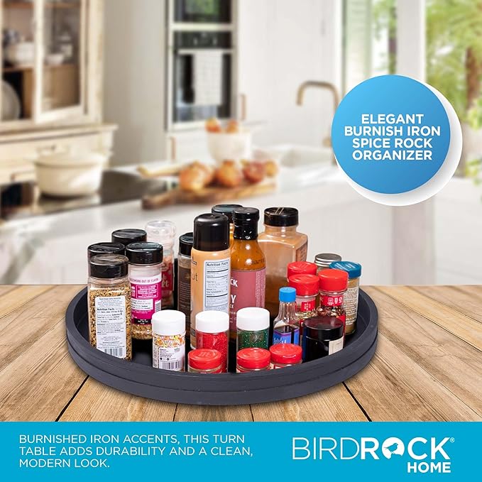 BIRDROCK HOME Wooden Lazy Susan Turntable - Spice Rack Organizer for Kitchen Table, Dining, Pantry and Countertop - Rotating Tray for Condiments - with Burnished Iron Accents - 18" Large, Matte Black