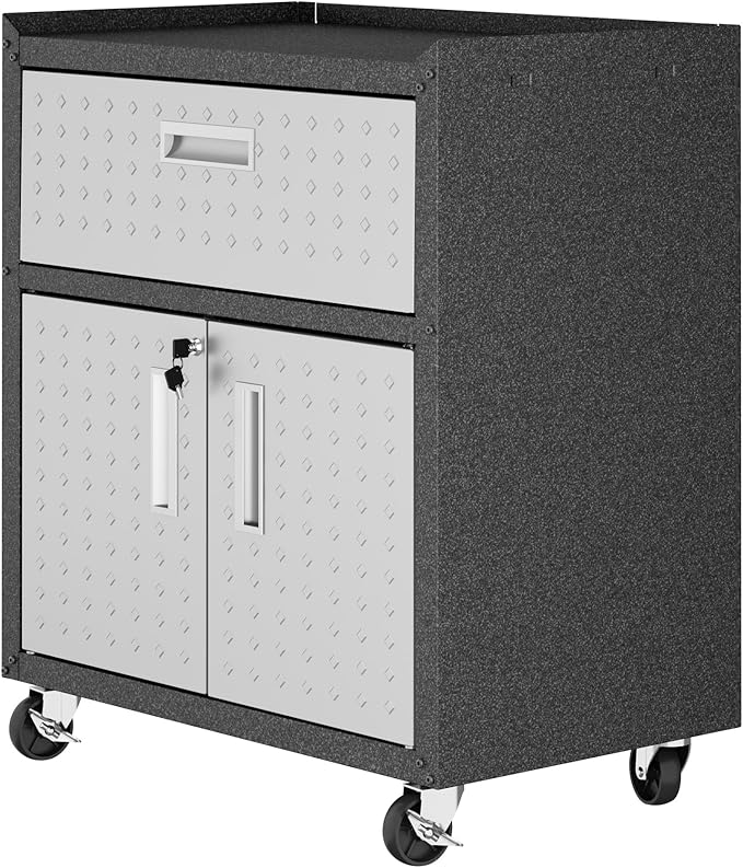 Manhattan Comfort Fortress Textured Metal 31.5" Garage Mobile Cabinet with 1 Full Extension Drawer and 2 Adjustable Shelves, Black/Gray