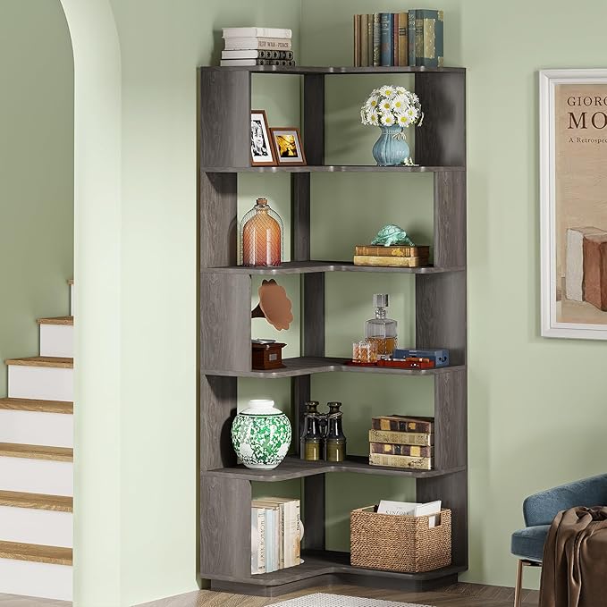 Tribesigns 6-Tier Corner Bookshelf, 64.9 Inches Tall Corner Bookcase with Anti-Drop Panel, Modern Freestanding Shelf Display Rack Storage Organizer for Home Office, Living Room, Grey