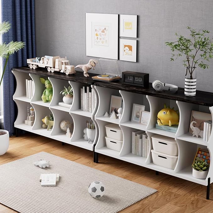 8 Cube Storage Shelf Organizer, Low Book Shelf Bookcase Entryway Table, Wood Closet Storage Display Cabinet TV Stand for Living Room, Office,Bedroom, Dorm, White with Dark Brown Top