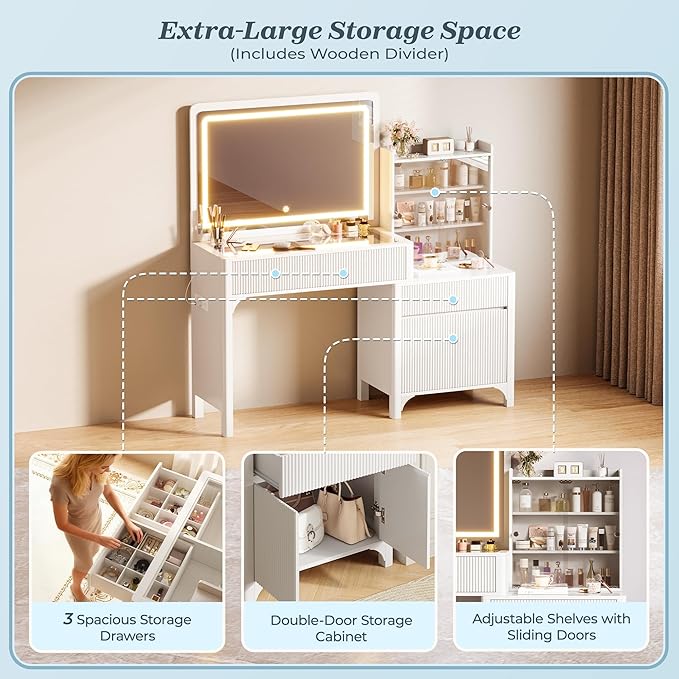 PRAISUN 55'' Large Makeup Vanity Desk with 35.4'' LED Mirror & Power Outlets, Painted Surface White Vanity with Glass Top, 3 Drawers and Cabinet, Fluted Big Vanity Table