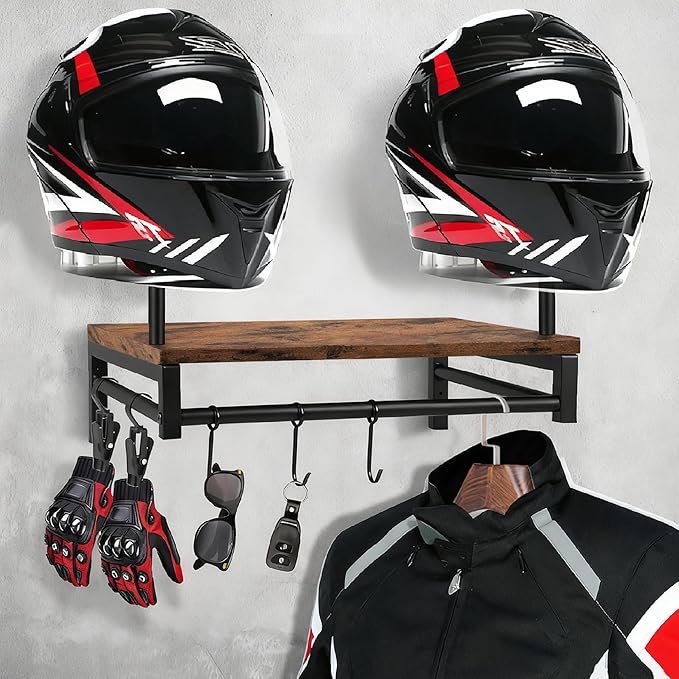 Motorcycle Helmet Holder Wall Mount, Gear Storage Rack with 4 Glove Clips, Wood and Metal Helmet Stand