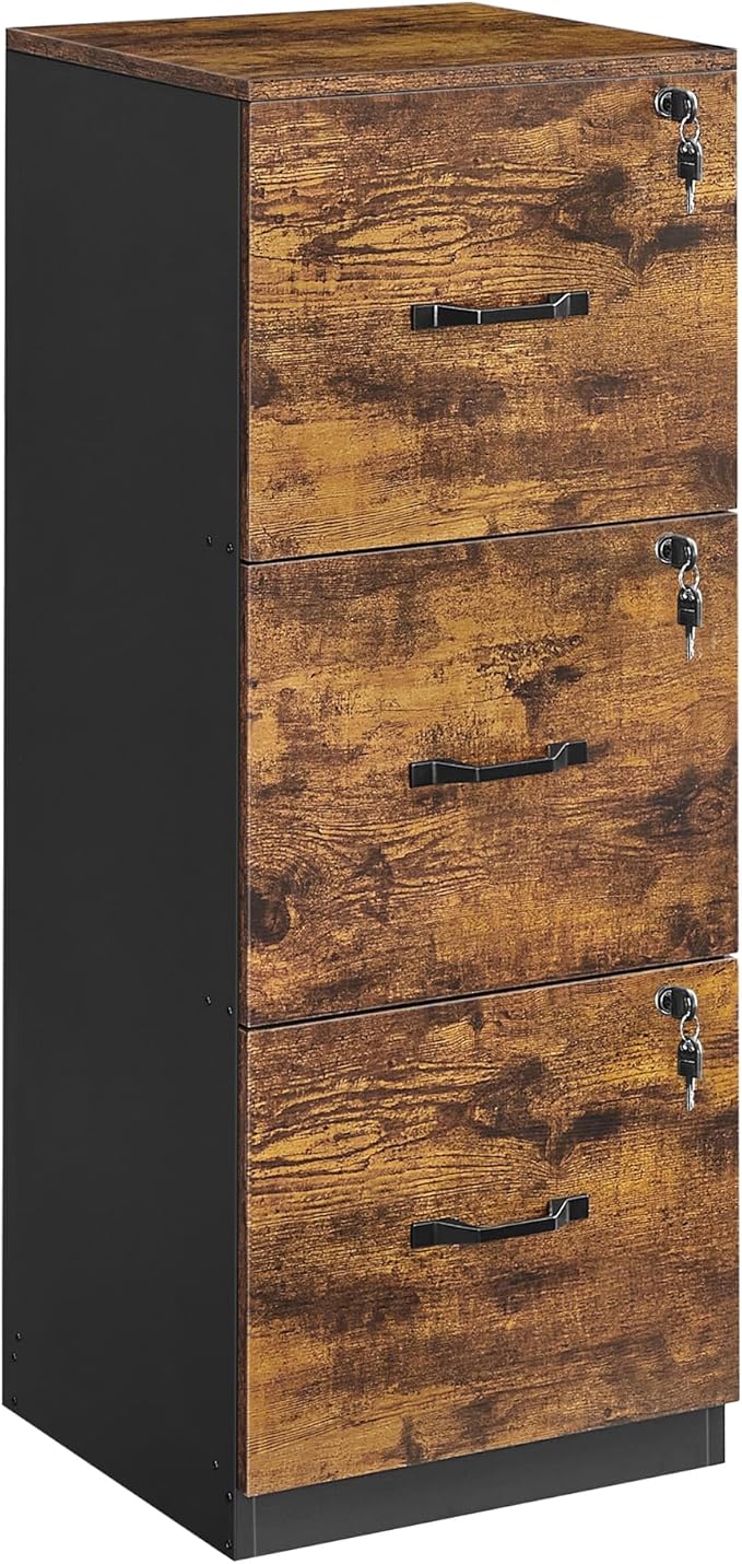 VASAGLE 3-Drawer Vertical File Cabinet, Rustic Brown and Black, for Home Office and Bedroom, A4 and Letter-Size Files, Lockable Drawers, Adjustable Hanging Rail, Printer Stand