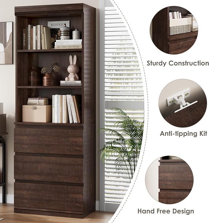 GarveeHome 70" Tall Bookcase with Drawers, Bookshelf w/ 3 Tier Open Shelves & 3 Storage Drawers, Modern Deep Storage Book Shelf Storage Cabinet Organizer for Living Room Office Library (Brown)