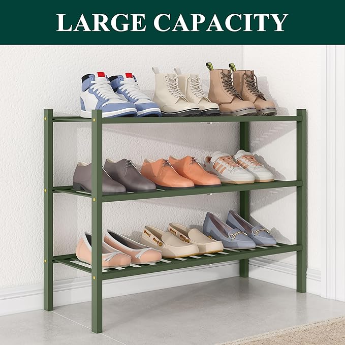 Smiry Bamboo Shoe Rack for Closet, 3 Tier Wooden Stackable Shoe Organizer, Free Standing Shoes Storage Shelf for Entryway, Front Door Entrance, Green