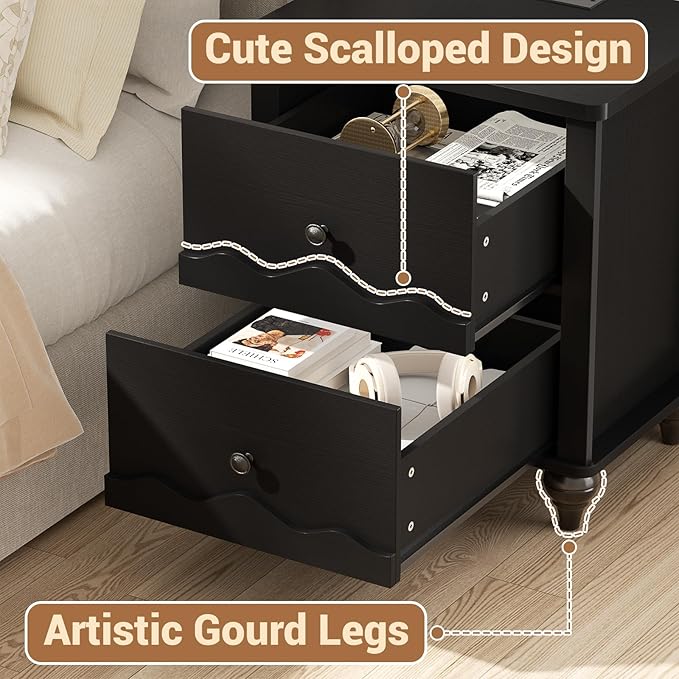 Cyclysio Nightstand with Charging Station, Side End Table with 2 Drawers, Modern Wood Night Stand with Scalloped Pattern for Bedroom, Bedside Night Tables with Solid Wood Gourd Legs