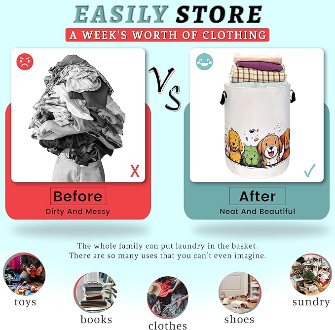 Happy Colorful Dogs Laundry Hamper With Handles Foldable Cute Animals Dog Oxford Cloth Tote Bag Funny Laundry Basket Clothes Toy Storage Bucket 18.9" x 16.5"For Bathroom/Laundry/Bedroom