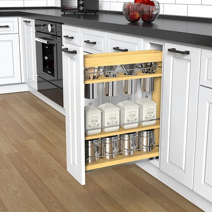 Pull Out Cabinet Organizer 5" Soft-Close Wood Pullout Shelf Organizer for Utilities Kitchen and Bathroom Base Cabinets, Slide Out Spice Rack