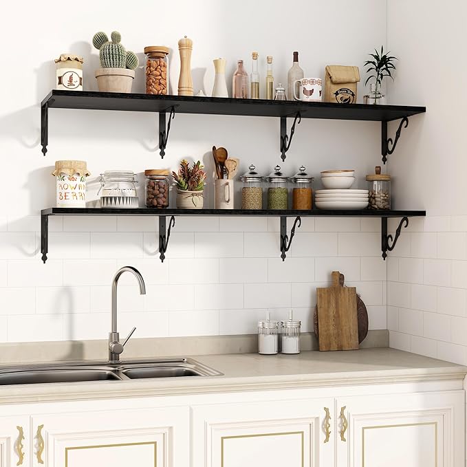 Fun Memories 55 Inch Floating Shelves, Long Floating Shelves Wall-Mounted, 12 Inch Deep Bookshelf with Bracket, 55" W x 12" D Shelves for Wall Display & Storage, Black, Set of 2