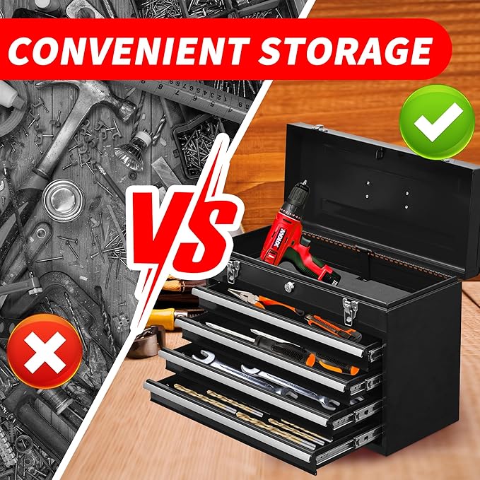 Metal Tool Box Organizer | Lockable Tool Chest | Toolbox with 4 Sliding Drawers | Small Tool Storage Box Organizer | Portable Toolchest with Keys for Garage Workshop and Tool Room | Black