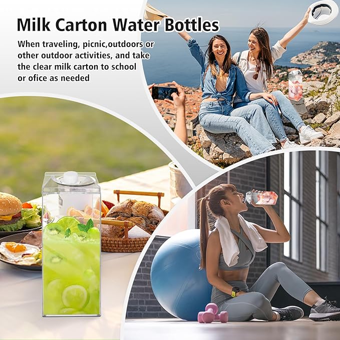 64 Oz Large Clear Milk Carton Container Plastic Square Milk Water Bottle Milk Container for Refrigerator for Outdoor Climbing Tour or Camping (3 Pcs)