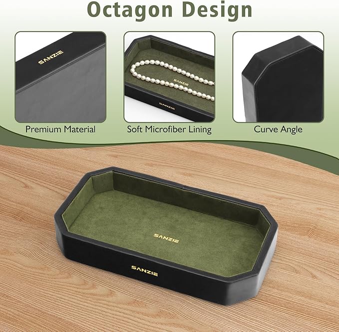 SANZIE Leather Tray Organizer Small Trays Decorative Tray Desktop Storage Premium Serving Tray Valet for Sundries Cosmetics Keys Phone Wallet Cutlery (Black, Small)