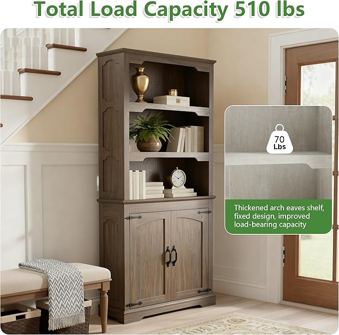 70 Inch Farmhouse Bookcase, Walnut Two-Tone Shelves, 5 Tier Bookshelf with Arched Trim Doors, Living Room Storage Cabinet Unit, 31.5x11.8 Inches (Walnut, Doors Storage)