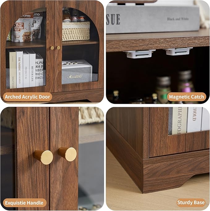 27" Floor Storage Cabinet, Mid-Century Wood Sideboard Buffet Cabinet with Display Arched Acrylic Door & 3-Level Adjustable Shelve for Bathroom, Living Room, Kitchen, Coofee Bar (Walnut)
