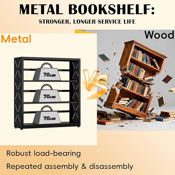 3 Tier Bookcase,Industrial Bookshelf,34" Black Metal Wide Bookshelf with Adjustable Feet and Adjustable Shelves,Home Office Bookcase Shelf Storage Organizer for Living Room、Kitchen
