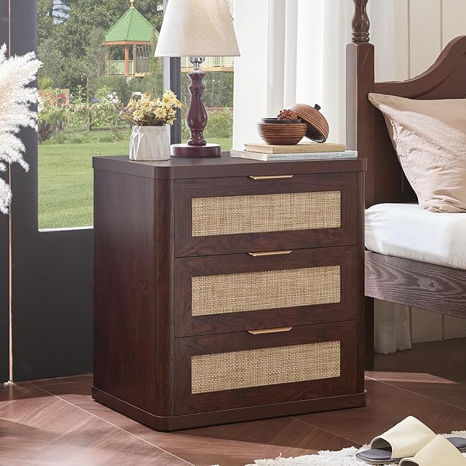 LEYAOYAO Rattan Night Stand Set of 2 with Drawers, 23" Large 3 Drawer Boho Nightstand, Walnut Bedside Table Storage Cabinet, Bed Side End Tables Dresser for Bedroom, Living Room, Hallway, Closet