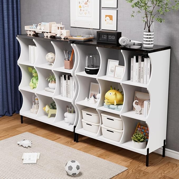 9 Cube Storage Shelf Organizer, Low Book Shelf Bookcase Entryway Table, Wood Closet Storage Display Cabinet TV Stand for Living Room, Office,Bedroom, Dorm, White with Dark Brown Top