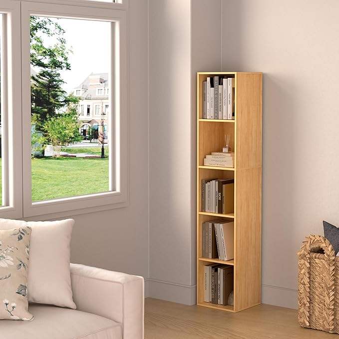 5 Cube Storage Organizer, 5 Tier Vertical Cube Bookcase Freestanding Storage Display Organizer for Home Office, Five Cubes Open Shelf Bookshelf (Oak, 5 Cube)