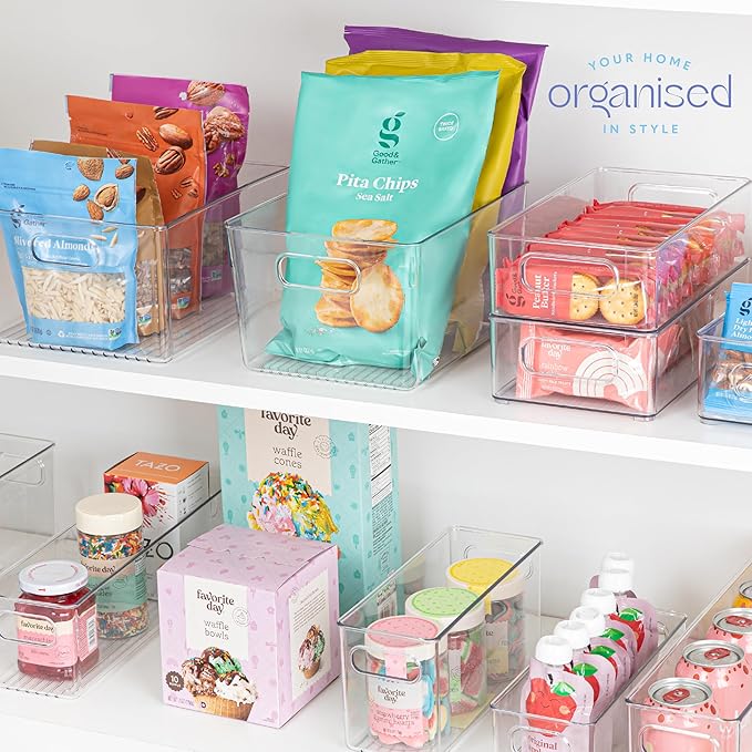 primebox Plastic Food Storage 6 Pack Clear Container Bin with Handles for Organizing Kitchen, Pantry, Refrigerator, Freezer, Pantry, Cabinet, Closet, Bathroom. Stackable 10”x6”x3”