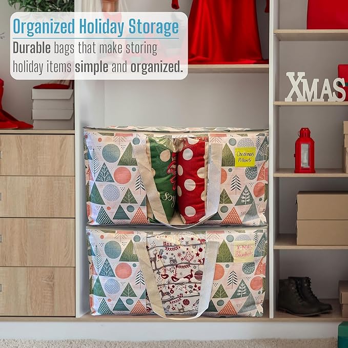 VENO 2 Pack Moving Bags, Large Christmas Storage Bins with lids, Packing Supplies for College, Alternative to Moving Boxes, Foldable, Heavy-Duty Tote, Christmas Pattern (Pastel Forest, 2 Pack)