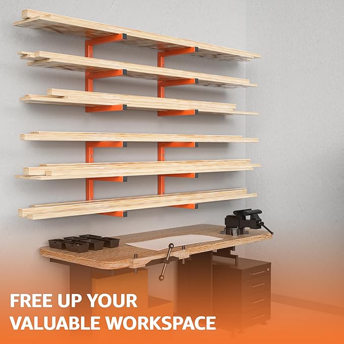 YYR Wood Organizer and Lumber Storage Rack Wall Mount, Heavy Duty Metal Shelf with 6-Level Holds Up 1200 LBS, Indoor & Outdoor Use - Orange