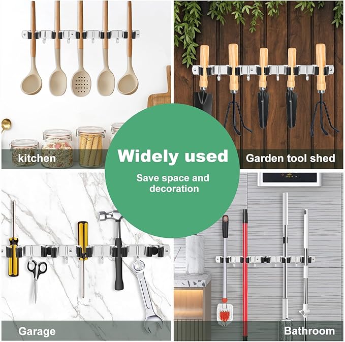 2 Pack Broom Holder Wall Mount 5 Racks 4 Hooks Stainless Steel Broom Mop Holder Anti Slip Storage Rack Strong Load Bearing Waterproof Broom and Mop Organizer Wall Hanging for Bathroom Kitchen Garage