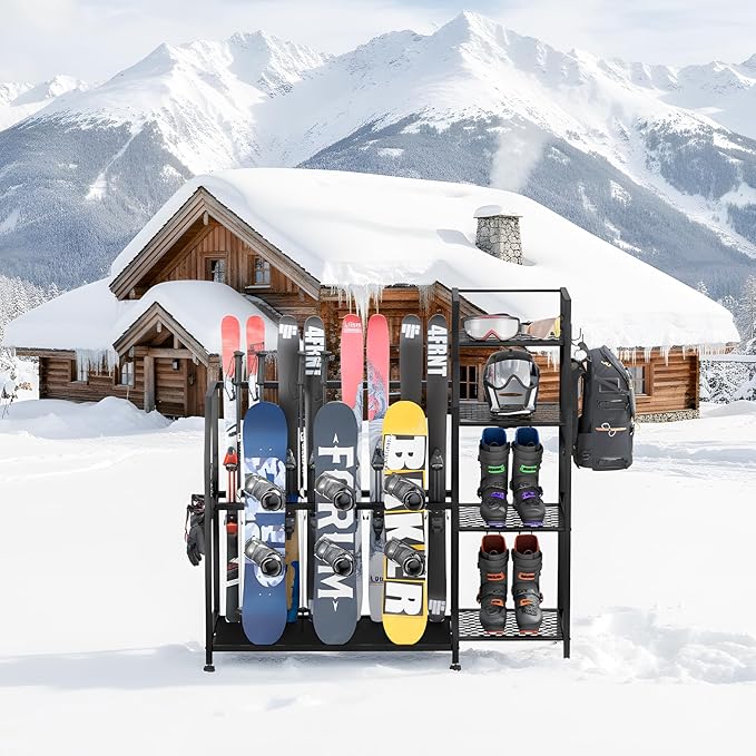 4-Tier Freestanding Snowboard Rack for 4 Pairs of Skis, 3 Snowboards, Boots, Poles, Goggles, Helmets, Ski Storage Rack with Adjustable Shelves, Snowboard Stand for Home, Garage
