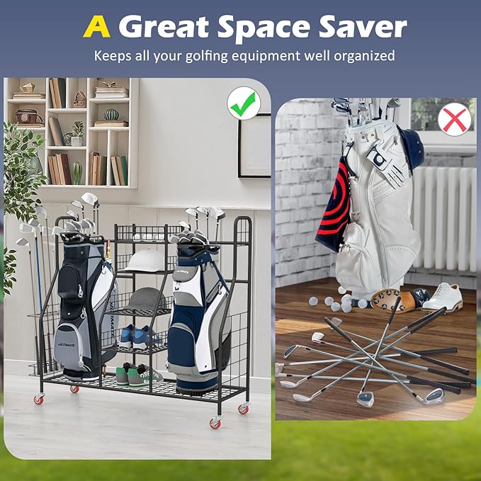 GYMAX Golf Bag Organizer, Golf Storage Garage Organizer with Lockable Wheels & Golf Club Side Pockets, Extra Large Golfing Equipment Rack for Golf Accessories Garage Organizer