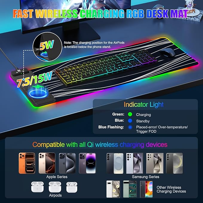 RGB Mouse Pad with Foldable Phone Stand & Wireless Charger, 31.5"x11.8" XL Gaming Mousepad Large Desk Mat, Desk Pad with Dual Charging for Phone & AirPods | 11 Colors & 5 Modes | Waterproof