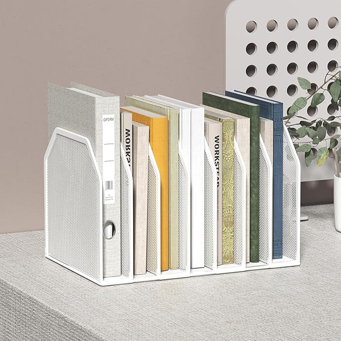 Metal 7 Section File Folder Organizer for Desk | Vertical Office File Holder | Heavy-Duty Mesh Document Sorter for Books, Binders, Laptops | Desk Organizer,7 Sections White