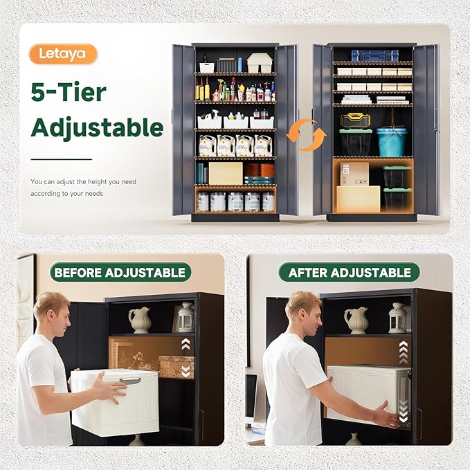Letaya Metal Storage Cabinets with Lock Door and 5 Adjustable Shelves, Steel Garage Tool Organization Cabinets for Home,Utility Room, Warehouse,Lockers(71"-Black Gray)