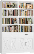 HOSTACK 78" Tall Bookshelf with Doors, Double Wide Bookshelf with Storage Drawers, Large Bookcase with Cabinet and 8 Open Display Shelves, Farmhouse Wood Bookcase Book Shelf for Living Room, White