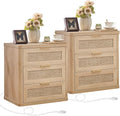 LEYAOYAO Rattan Night Stand Set of 2 with Charger Station, 23" Large 3 Drawer Boho Nightstand, Natural Wood Bedside Table Storage Cabinet, Bed Side End Tables for Bedroom, Living Room, Hallway