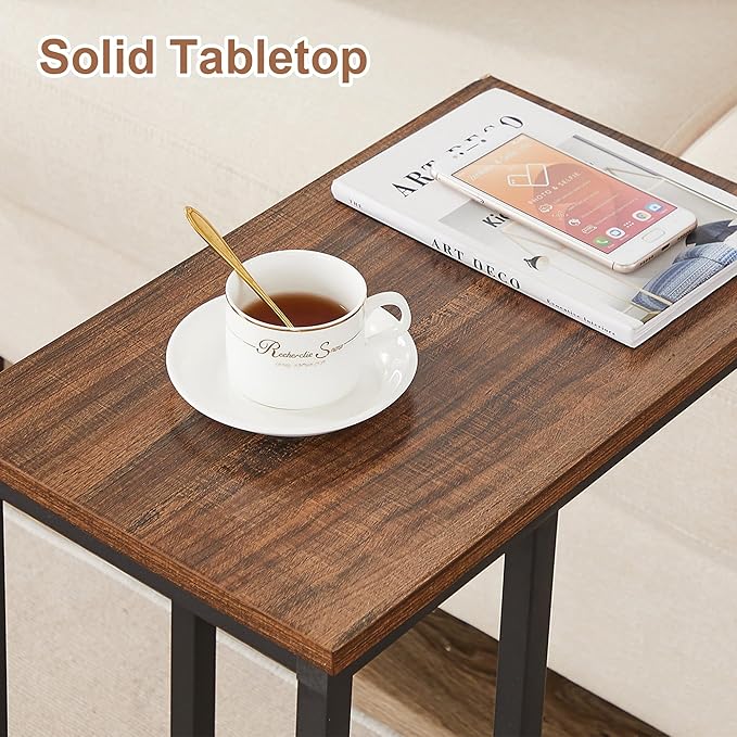 VECELO C Shaped End Side Table for Sofa Couch and Bed Snack TV Tray for Living Room Bedroom, 1 PCS Brown