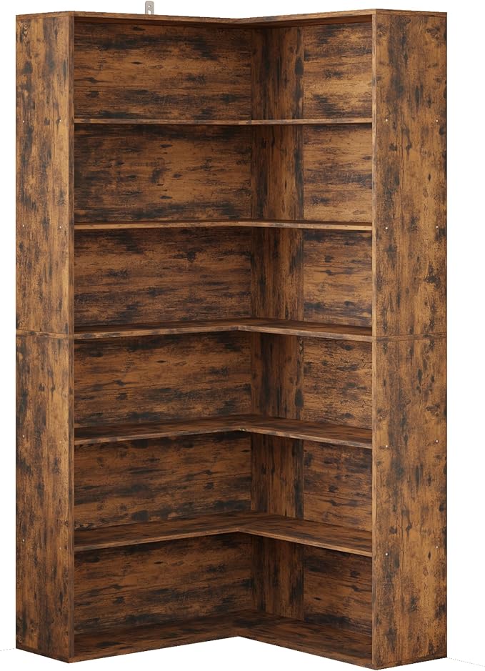 ANCTOR Corner Bookshelf, 6 Tiers Corner Bookcases with Baffles Etagere Shelf Storage Rack for Living Room Home Office, Vintage Brown