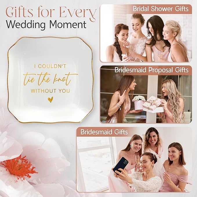 OASSIE Christmas Bridesmaid Gifts for Wedding - 4"x4" Ceramic Jewelry Dish Tray - Bridal Shower Wedding Gifts for Women, Jewelry Tray for Bridesmaid Proposal Gift, Maid of Honor Gift for Friend Sister