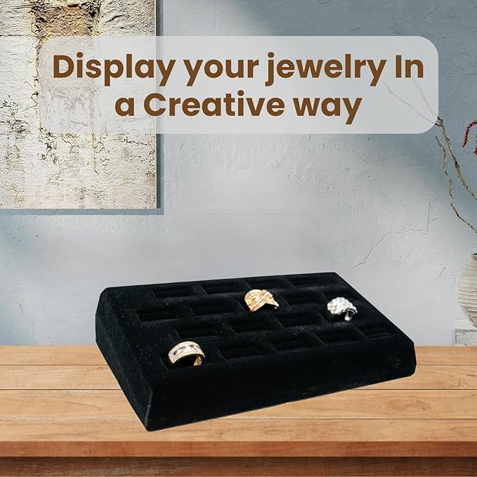 Novel Box 18-Slot Black Velvet Rings/Earrings/Cufflinks Holder Tray 8.25x4.5x1.75 Inches - Ring Holder Organizer for Selling or Personal Use - Jewelry Display Trays for Special Occasions