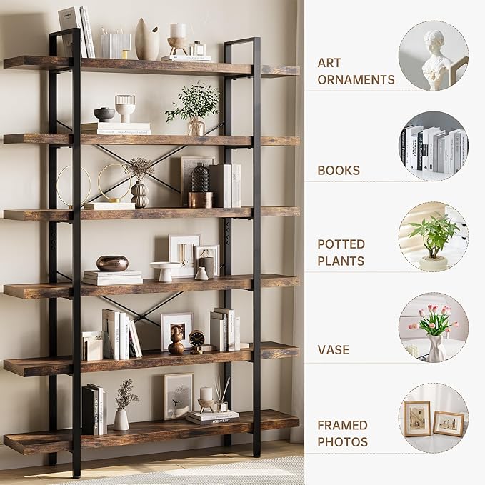 Heavy Duty 6-Tier Industrial Bookcase, 47" Wide Wood Bookshelf for Home Office, 120lbs Shelf Capacity, Rustic Open Shelving Display with Reinforced Horizontal Shelf for Living Room Bedroom