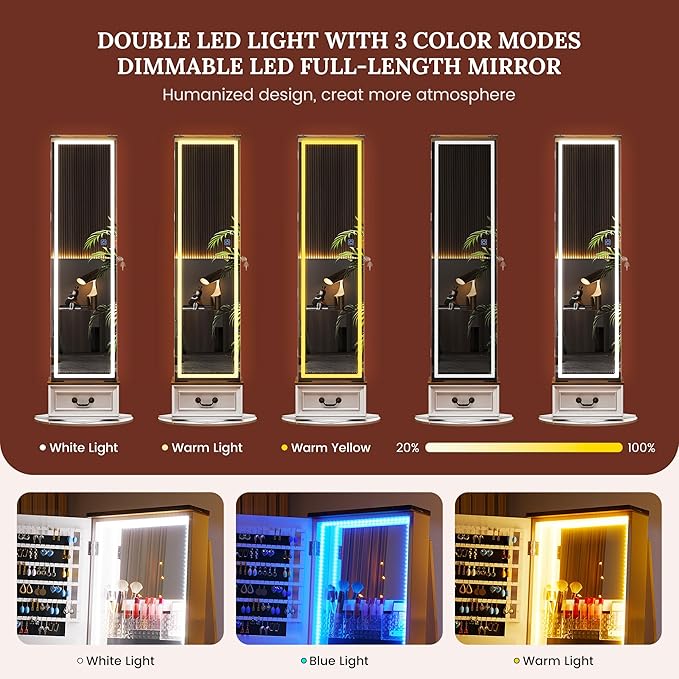 LVSOMT LED Mirror Jewelry Cabinet Standing, 360°Swivel Jewelry Armoire with Full Length Mirror, Mirror with Jewelry Storage and Large Wooden Drawer for Christmas Gifts (Farmhouse White)