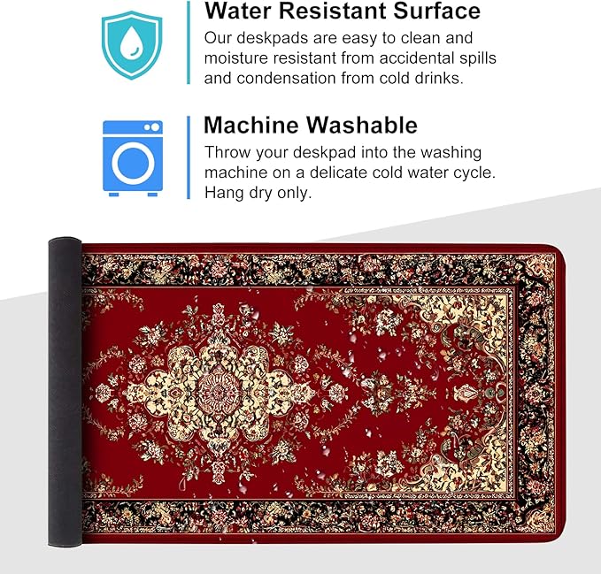 Red Vintage Persian Rug Mouse Pad – Large Extended Desk Mat 35.43 x 15.75 in – Oriental Carpet Design, Non-Slip Rubber Base, Waterproof Surface, Keyboard & Mouse Pad for Office, Gaming, Home