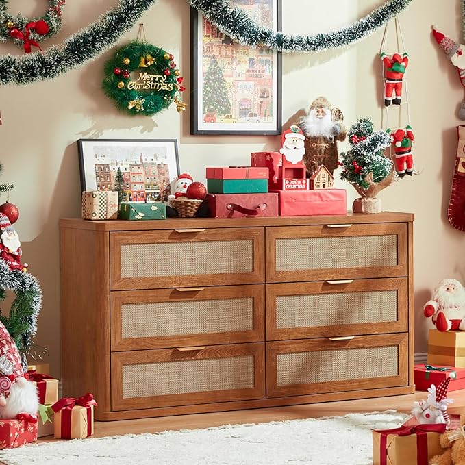 LEYAOYAO Rattan Dresser for Bedroom Set of 2, Boho 48" Wide 6 Drawer Dresser Chest of Drawers, Wood Dressers TV Stand with Metal Handle, Storage Dressers Closet Organizer for Living Room, Hallway