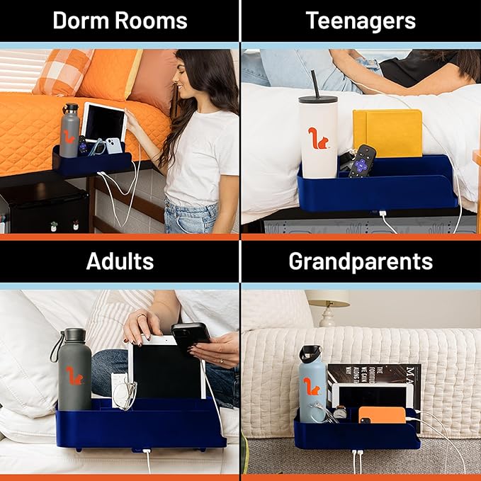Squirrel-Bedside Perch, Floating Organizer with USB-C & A Charging Ports, Sturdy, Easy to assemble, Bedside Caddy, Christmas Gifting for teens, Gifts for college freshman, Dorm room gifts, Blue