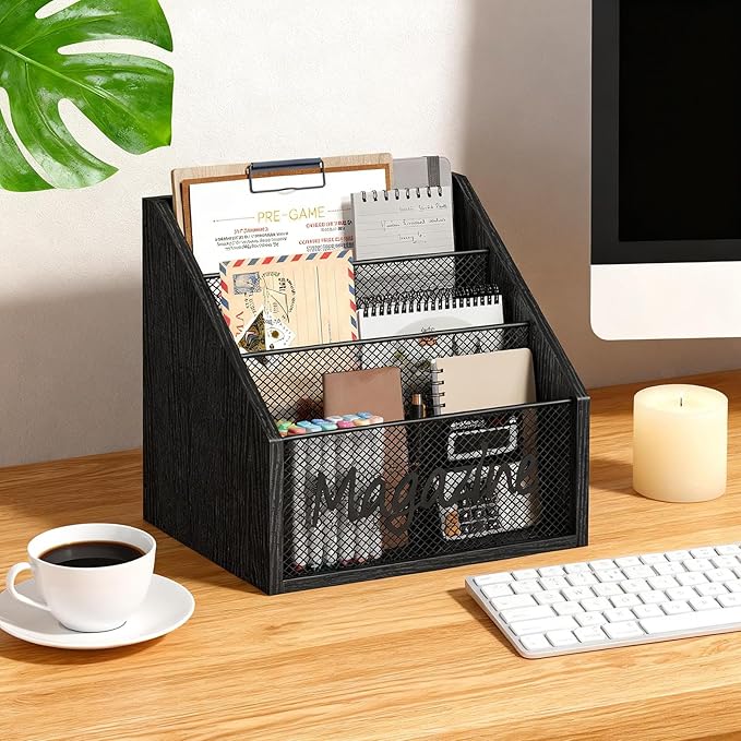 Magazine Holder, Wood Magazine Rack Floor, Mail Organizer Countertop, Magazine Mail Holder Sorter, Record Holder for Magazines, Books, Newspapers, Tablets, Black MR02BB