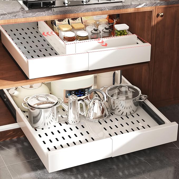 1 Pack Pull Out Cabinet Organizer Expandable Width(13"-21") and Depth(17"-24"), Slide Out Drawers With Raising Pad for Framed Cabinets, No Drill Roll Out Shelves for kitchen, Bathroom, White
