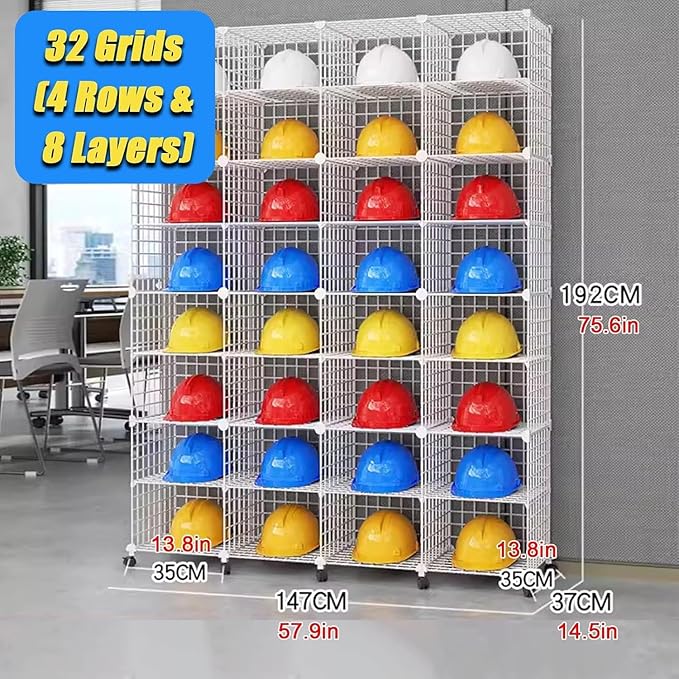 Stackable Safety Helmet Storage Boxes, Large Adjustable Hard Hat Placement Organizer Rack,with Wheels,for Construction Site/Garage/Workshop/Factory Helmet Display Shelf (White, 32 Grids-4 * 8)
