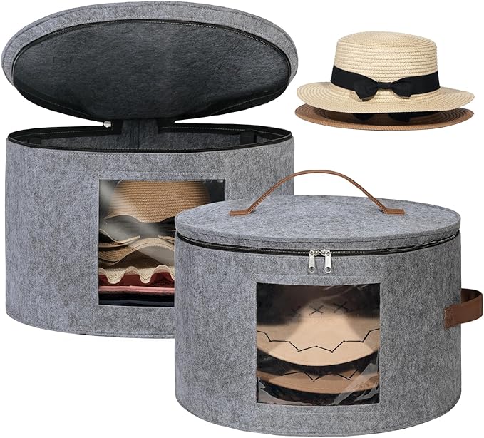 Lifewit Round Cowboy Hat Box for 7 Caps, Large Felt Hat Organizer Bag for Men & Women Storage, Baseball Cap Container with Dustproof Lid for Travel, Foldable 16.5" D x 10.6" H Carrier, 2 Pack, Gray
