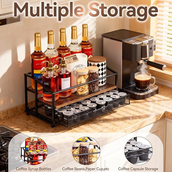 Coffee Syrup Rack Organizer, 3-Tier 10 Bottle Syrup Rack with 35 K Cup Darwer for Coffee Bar, Countertop Bottle Holder Stand for Dressing for Kitchen Cafe Station