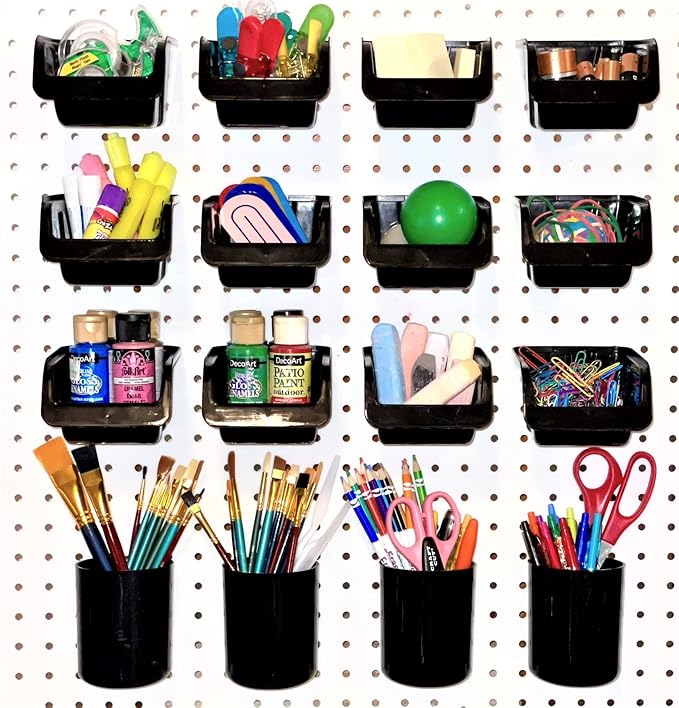 WallPeg Pegboard Bins & Cups - 15 each 5" Bins and 5 each 5" Cups - Hooks to Peg Board Panel Organize Hardware Arrange Accessories Workbench Tool Organizer Garage Storage -MADE IN USA-