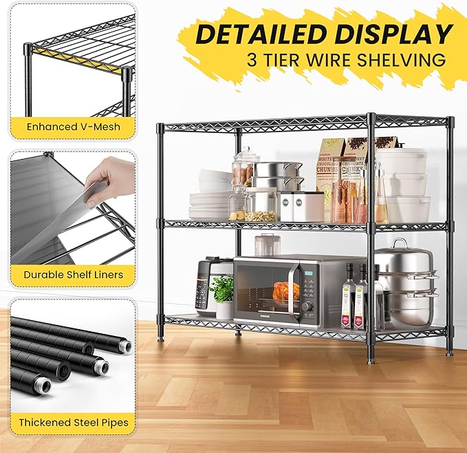 3-Shelf Adjustable Storage Shelves 36" W x 14" D x 36" H Metal Shelving Unit Heavy Duty Wire Rack Small Organizer with 3 Shelf Liners for Kitchen Pantry Bathroom Laundry Closet Garage Black