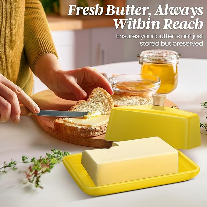 Flexzion Ceramic Yellow European Butter Dish with Lid for Countertop (8 Inch) - Wide 2 Stick Double Butter Holder for Counter, Cream Cheese Container Storage Keeper